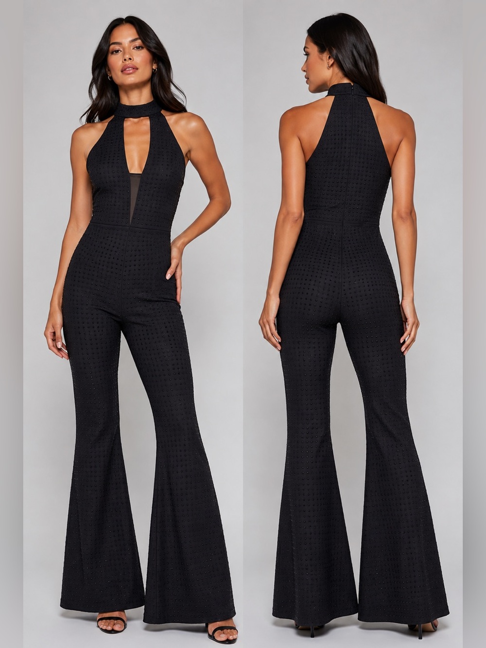 Bebe Black Rhinestone Embellished Halter Flare Leg Jumpsuit Size Small